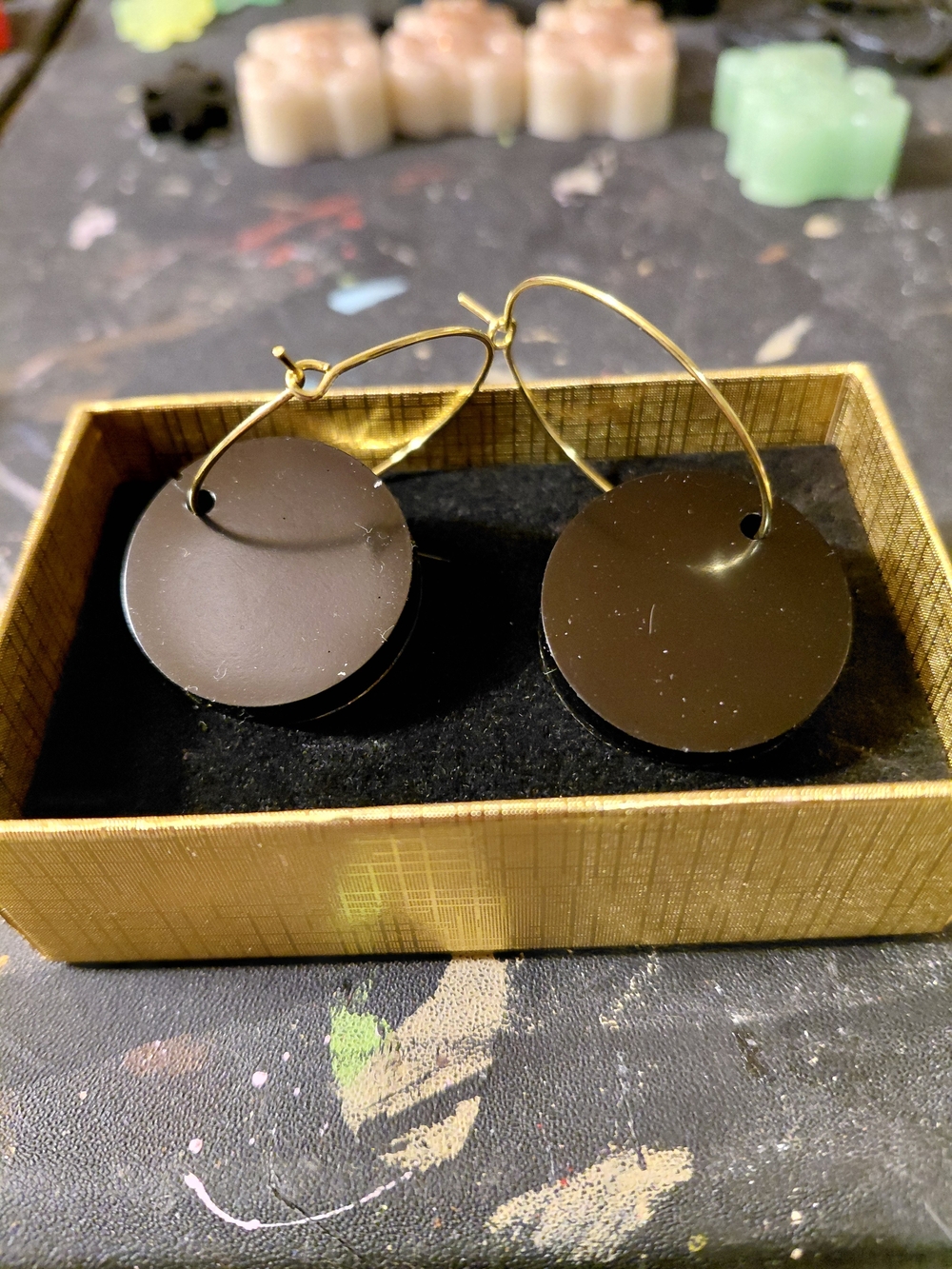 Elegant Black Disc Hoop Earrings with Gold Hoops - Unbranded